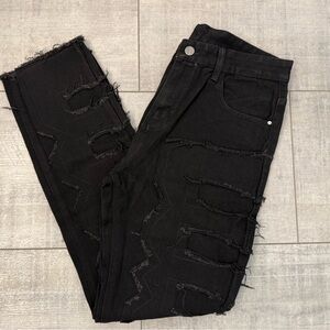 New Men’s Black Stacked Ripped Frayed Raw Hem Streetwear Jeans Size 34